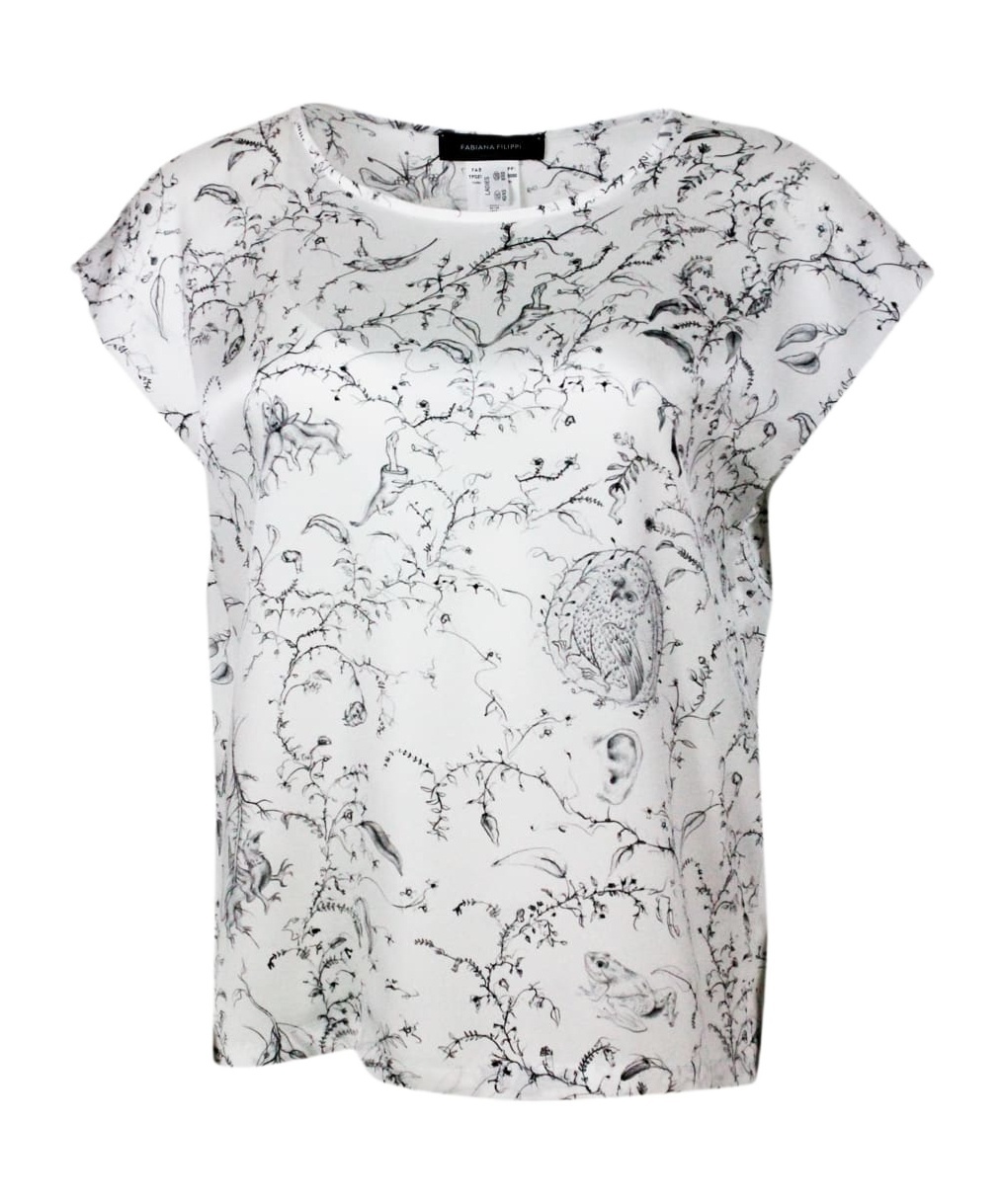 Fabiana Filippi Crew-neck, Short-sleeved, Oversized Silk Shirt With Branch Patterned Print In White