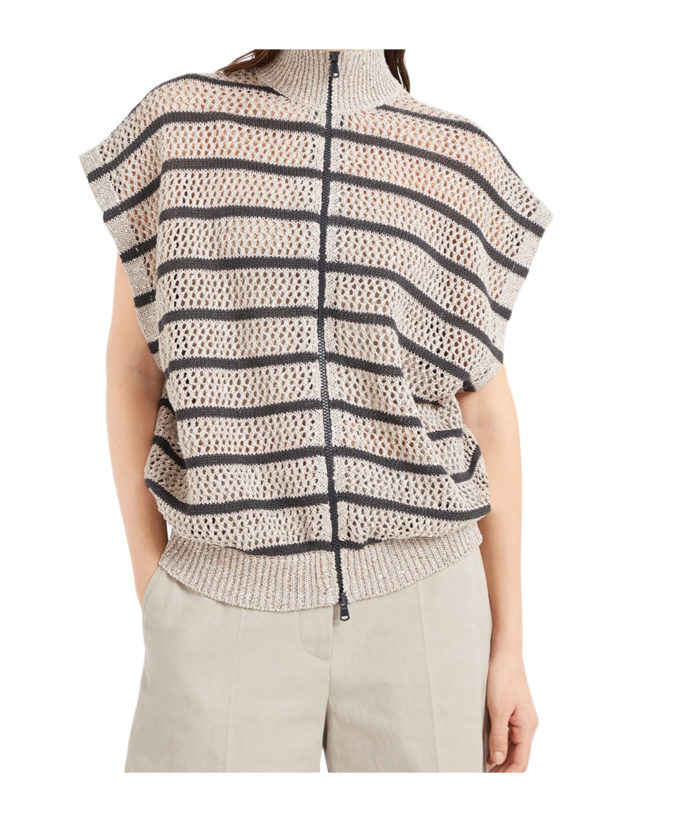 Brunello Cucinelli Beige Cardigan With High Neck And All-over Striped Motif In Nude