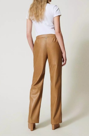 Shop Twinset Oval T-plaque Faux-leather Trousers In Nude