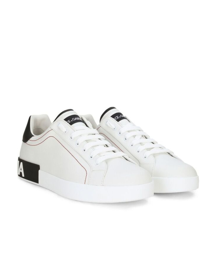 Dolce & Gabbana Portofino Leather Sneakers With Rubberized Logo Shoes In White