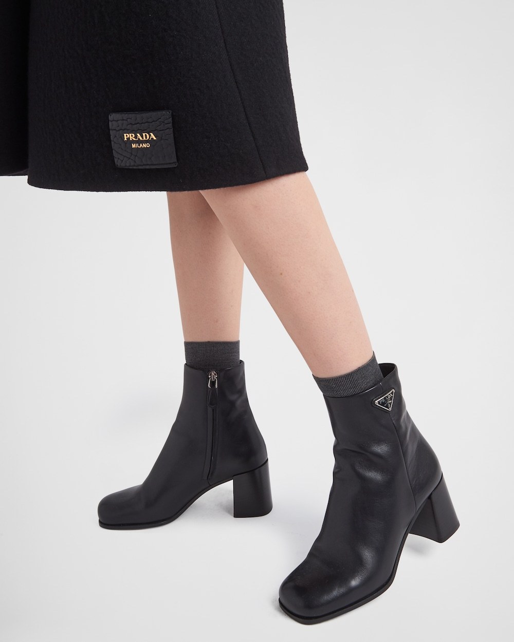 Prada Black Leather Booties For Women In Black