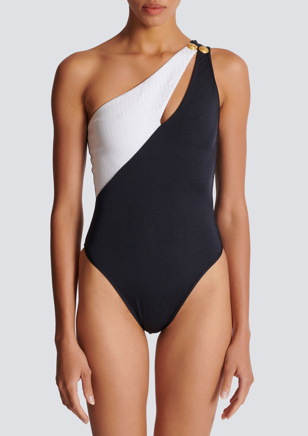 Shop Balmain Asymmetric Swimsuit In Black