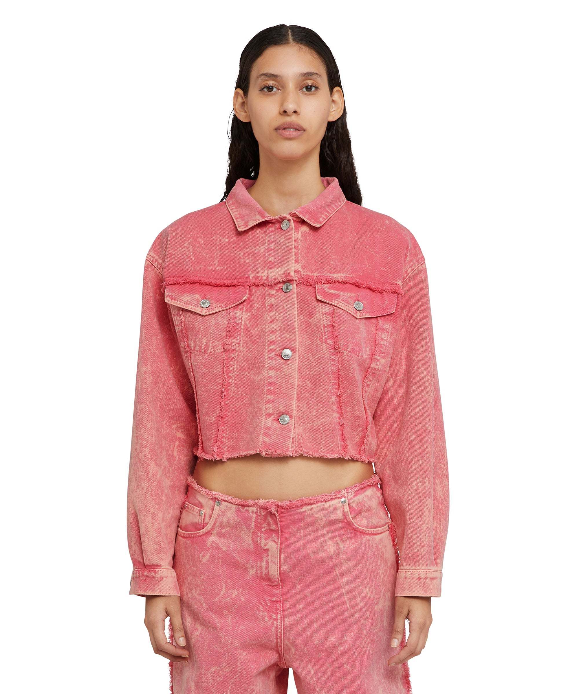 Shop Msgm Spliced Denim Coat In Pink