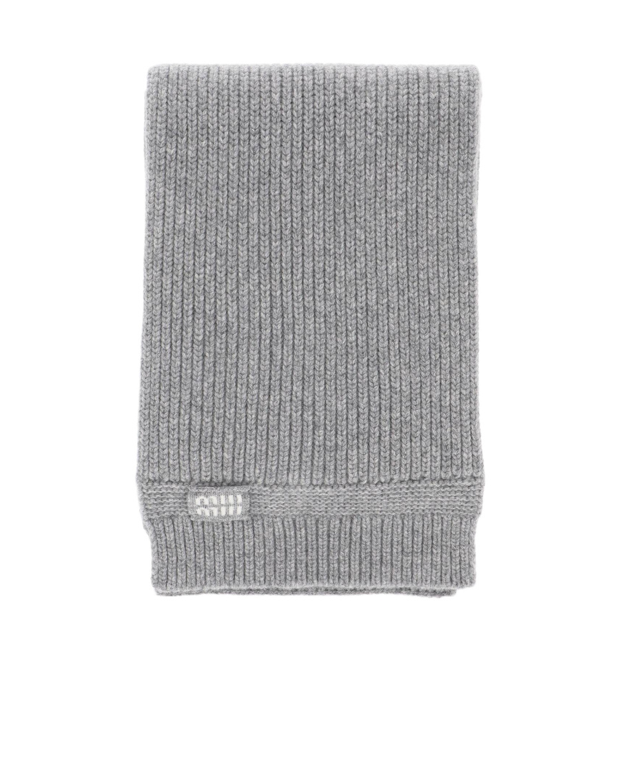Miu Miu Logo Patch Knitted Scarf In Gray