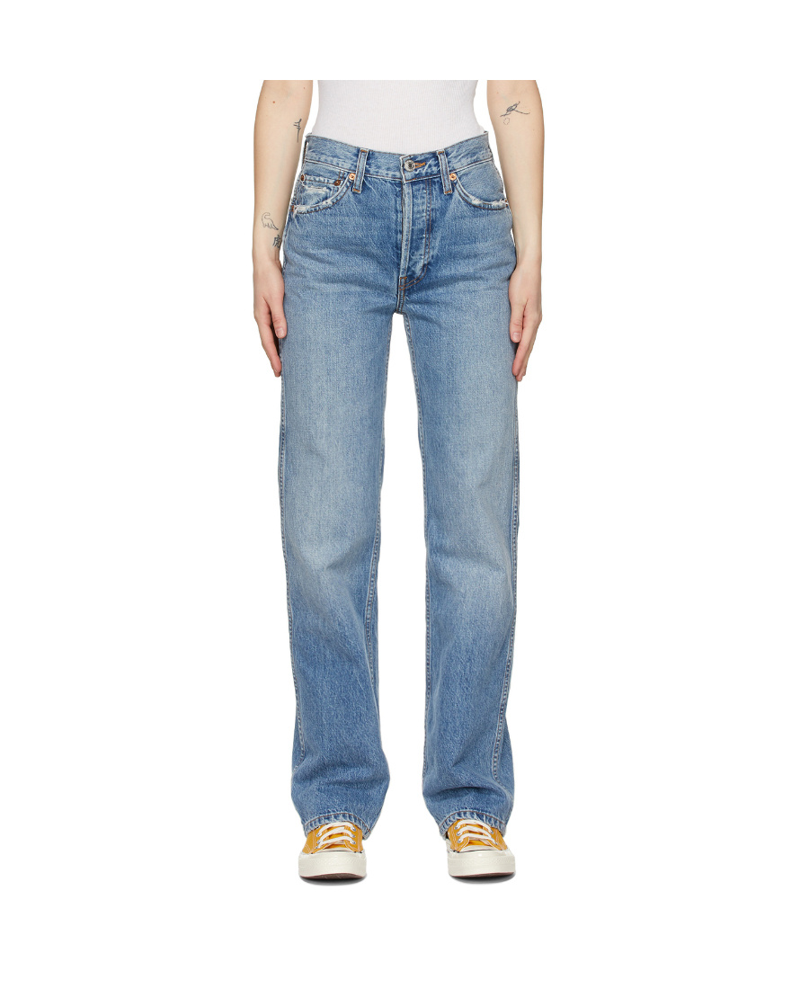 Re/done 90s Distressed High-rise Straight-leg Organic Jeans In Blue