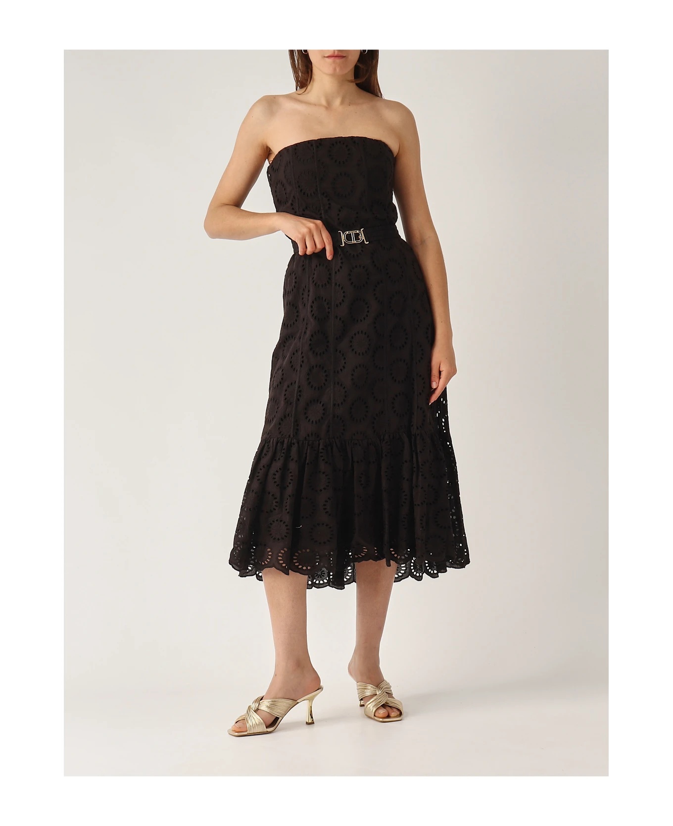Twinset Black Dress With Removable Straps And Broderie Anglaise In Cotton Woman