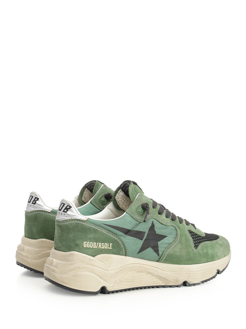 Golden Goose Running Sole Nylon And Net Upper Suede Toe And Spur Printed Star Nappa Heel Sneakers Green In Green