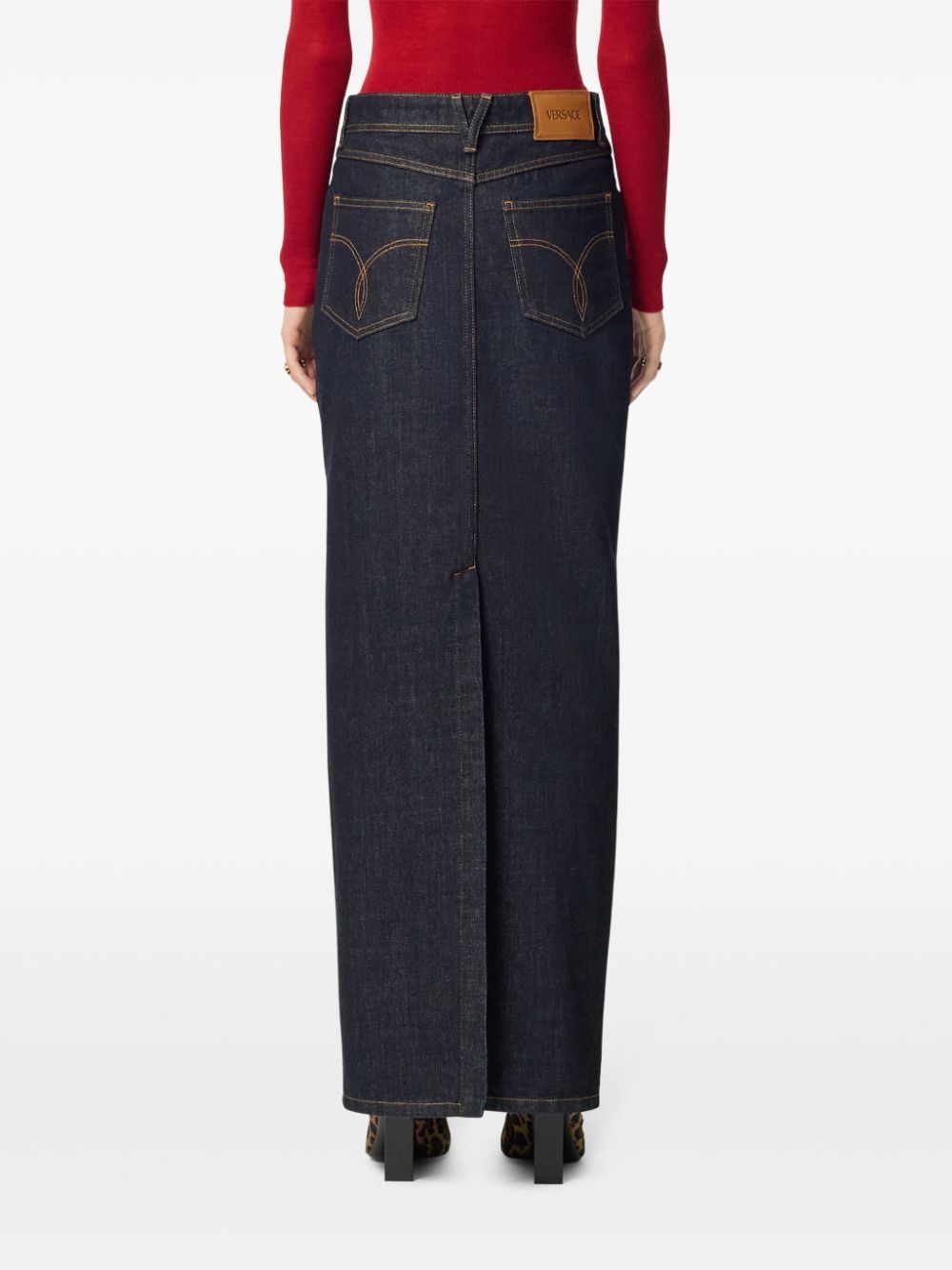 Versace Long High-waisted Denim Skirt With Rear Slit In Black