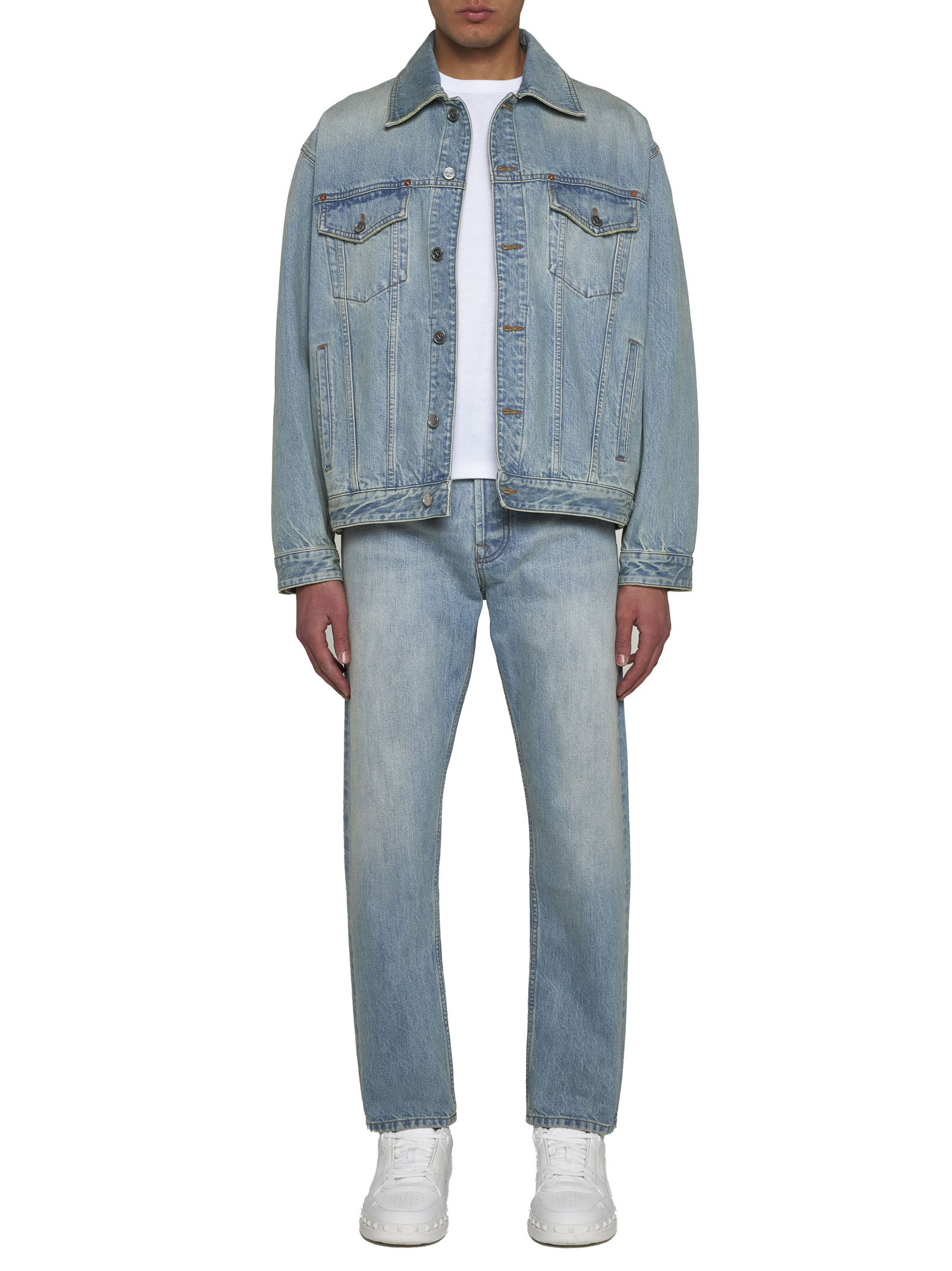 Valentino Buttoned Long-sleeved Denim Jacket In Gray