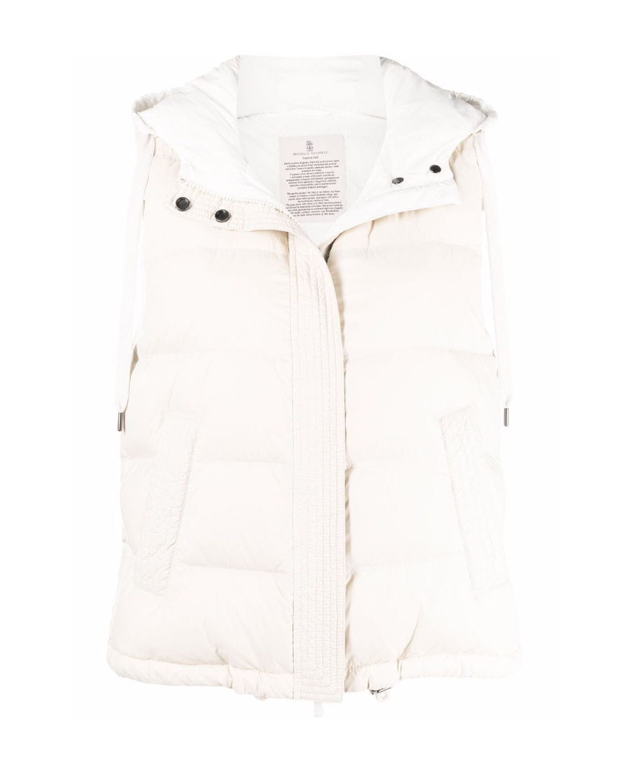Brunello Cucinelli Quilted Sleeveless Hooded Vest Drawstring In White