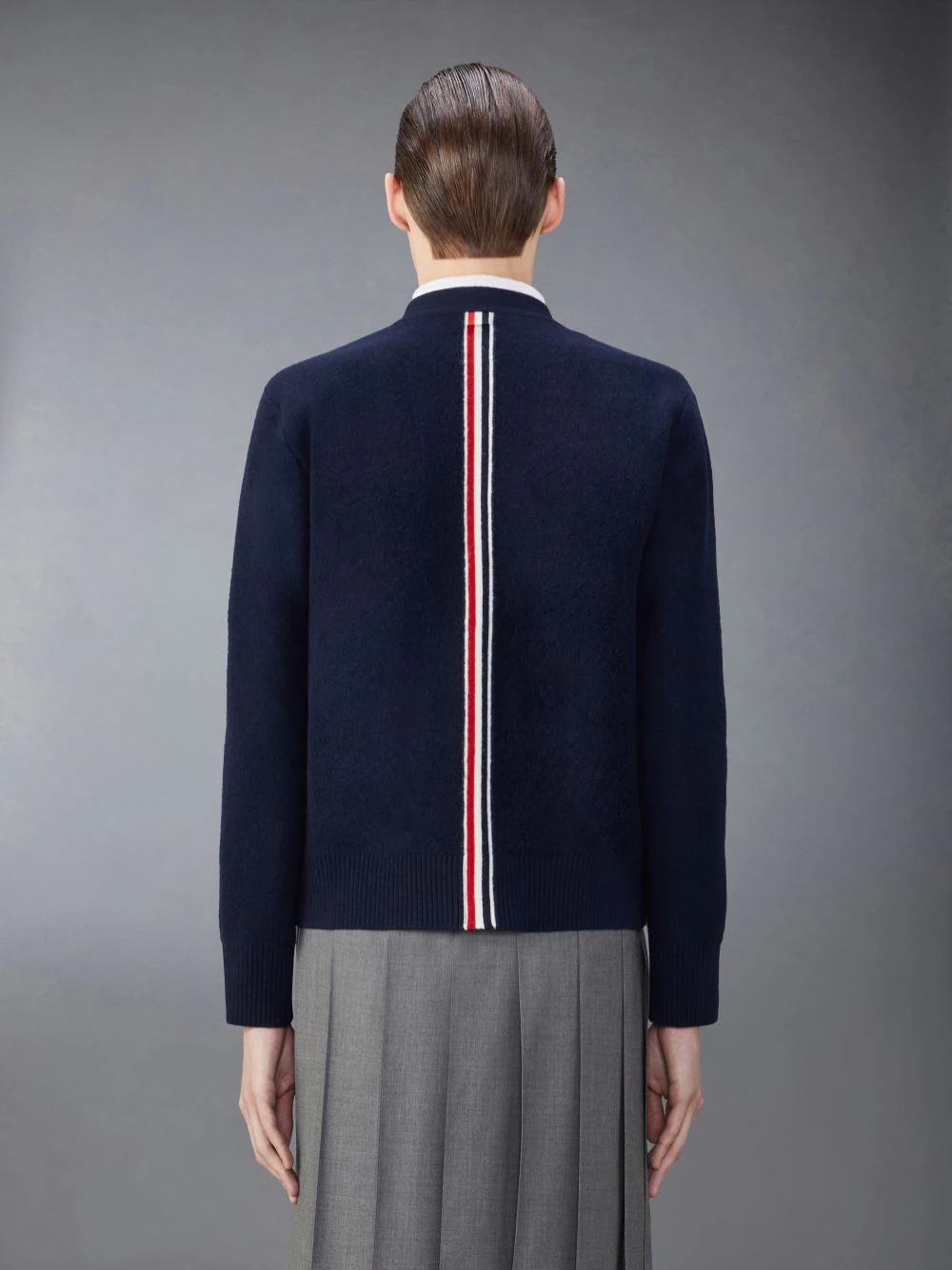 Thom Browne Navy Blue Wool Cardigan With Tricolour Insert Men In Black