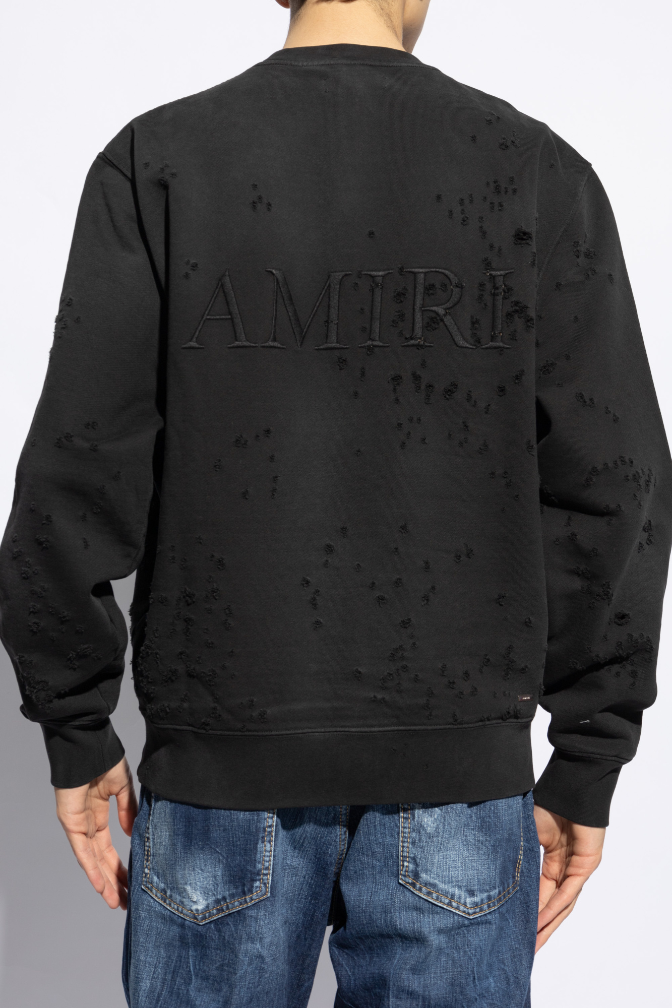 Amiri Crew Neck Sweatshirt With Destroyed Effect In Black