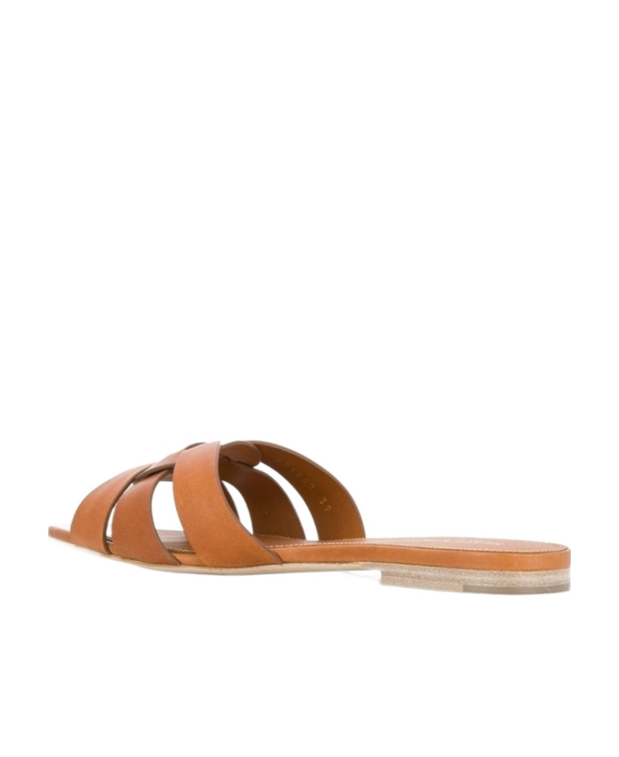 Saint Laurent Woven Leather Sandal Slide In Brown