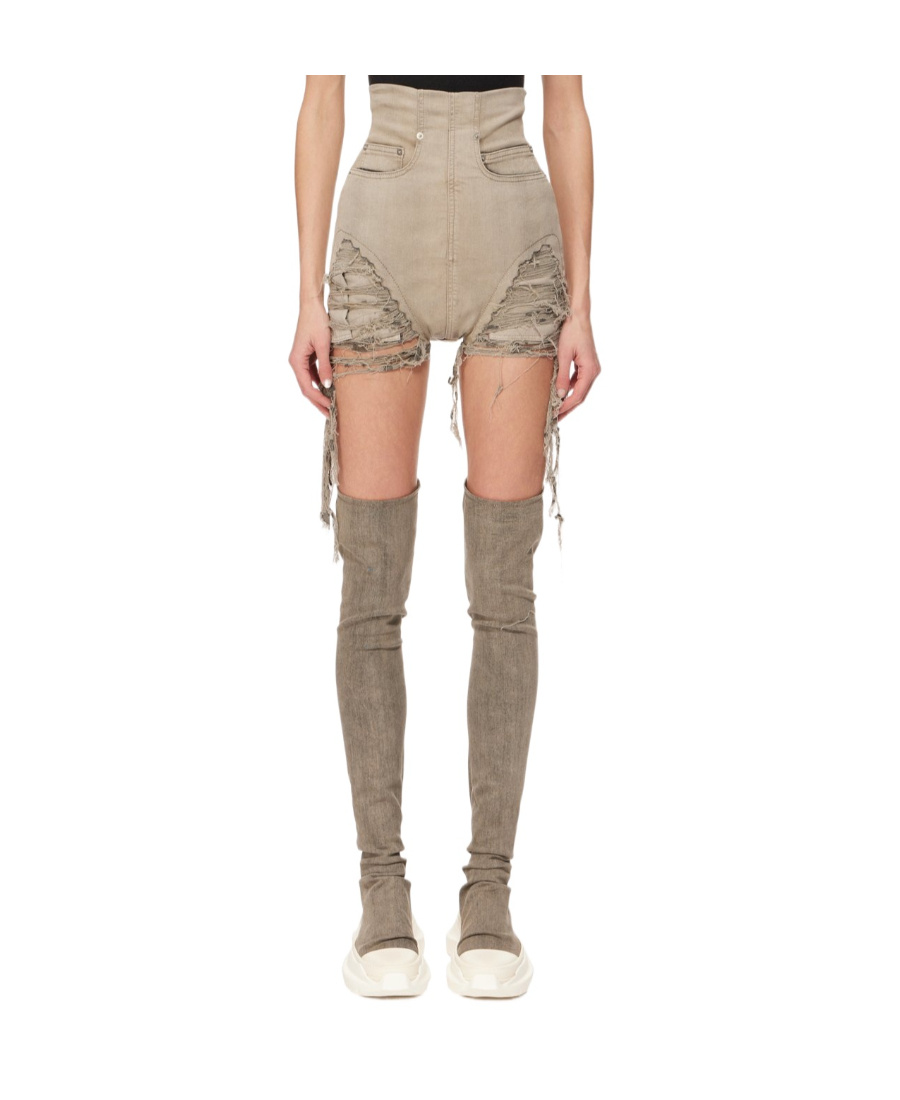 Rick Owens Drkshdw High-waisted Fringed Denim Shorts In Nude