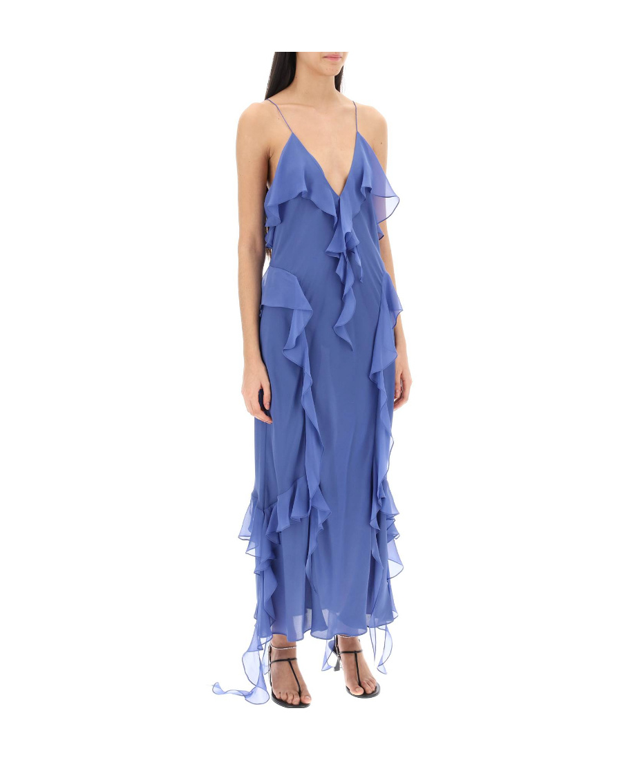 Khaite Pim Cascading-ruffles Sleeveless Maxi Dress In Blue