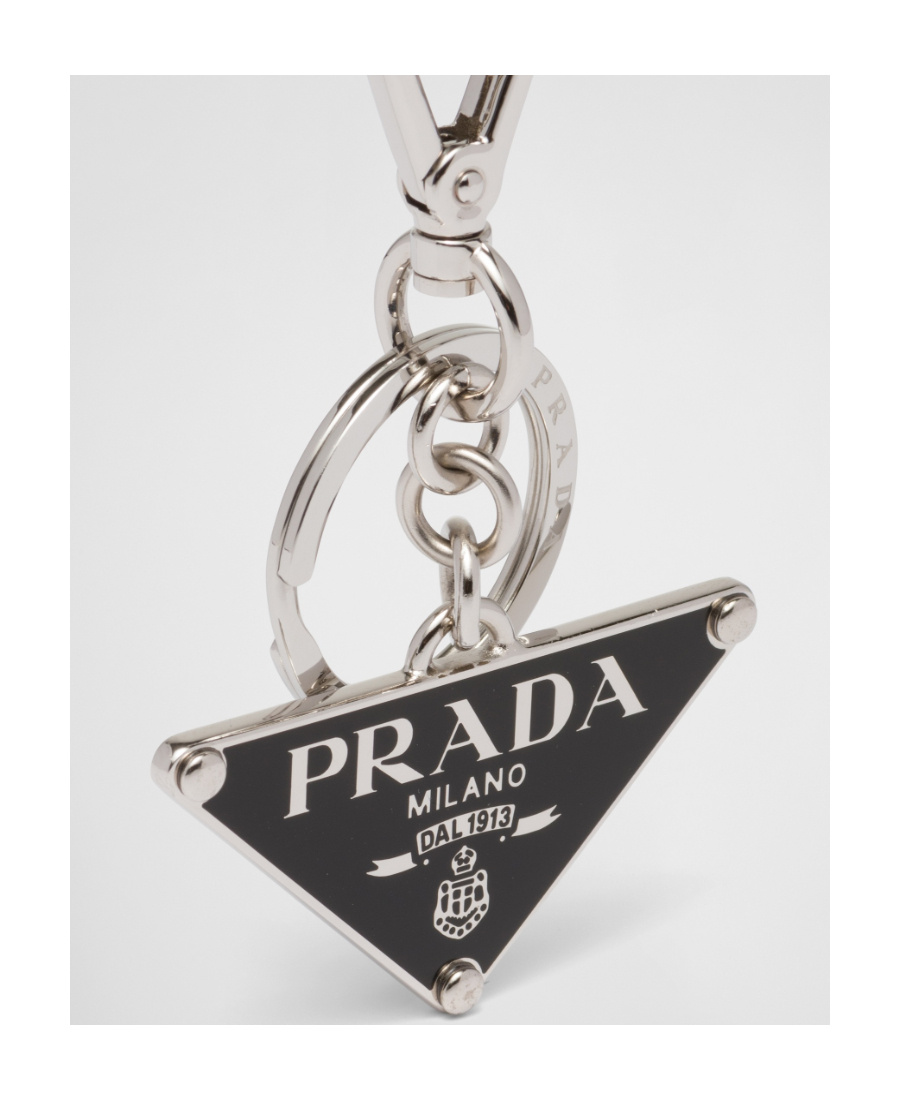 Prada Two-tone Leather And Metal Keychain In Black