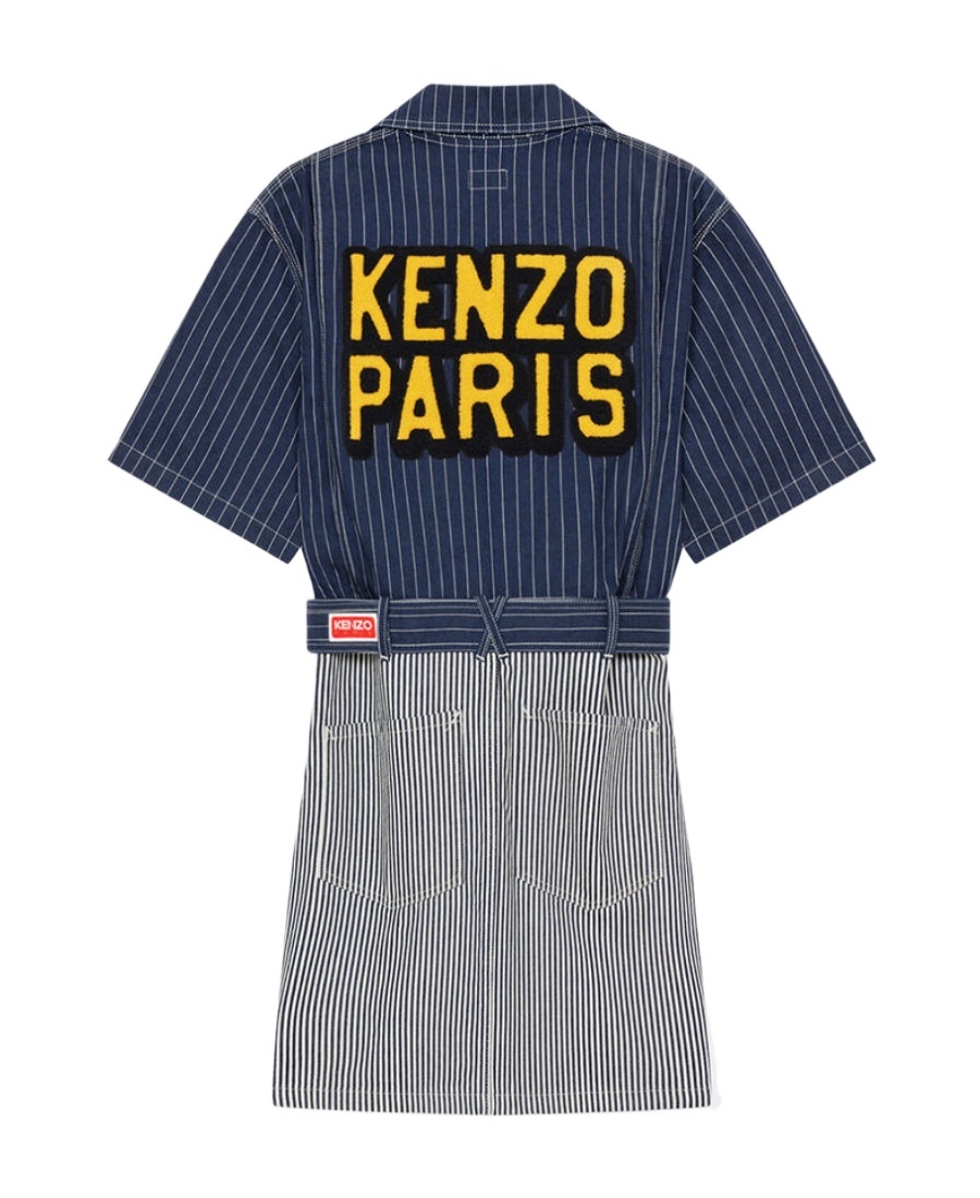 Kenzo Logo-patch Striped Denim Shirtdress In Blue