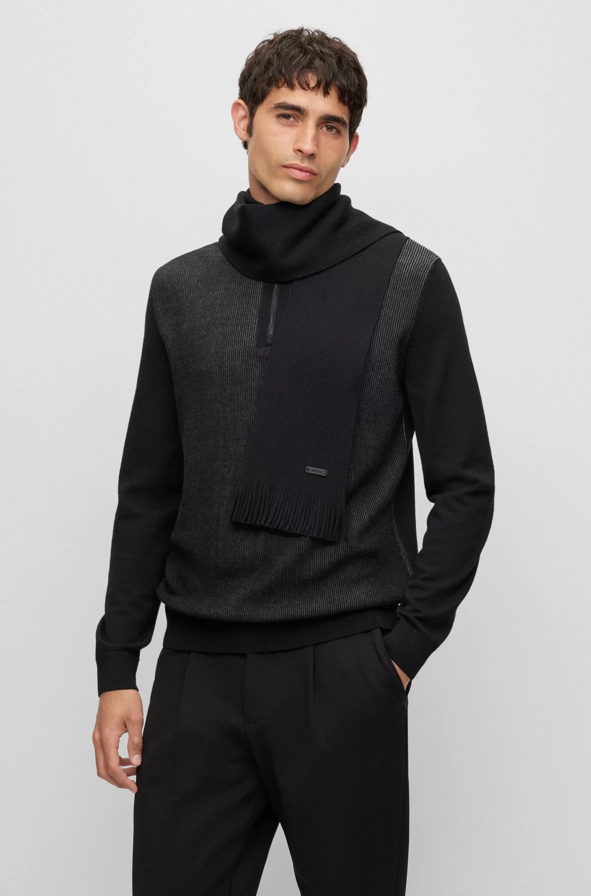Hugo Boss Raschel-knit Scarf In Virgin Wool In Black