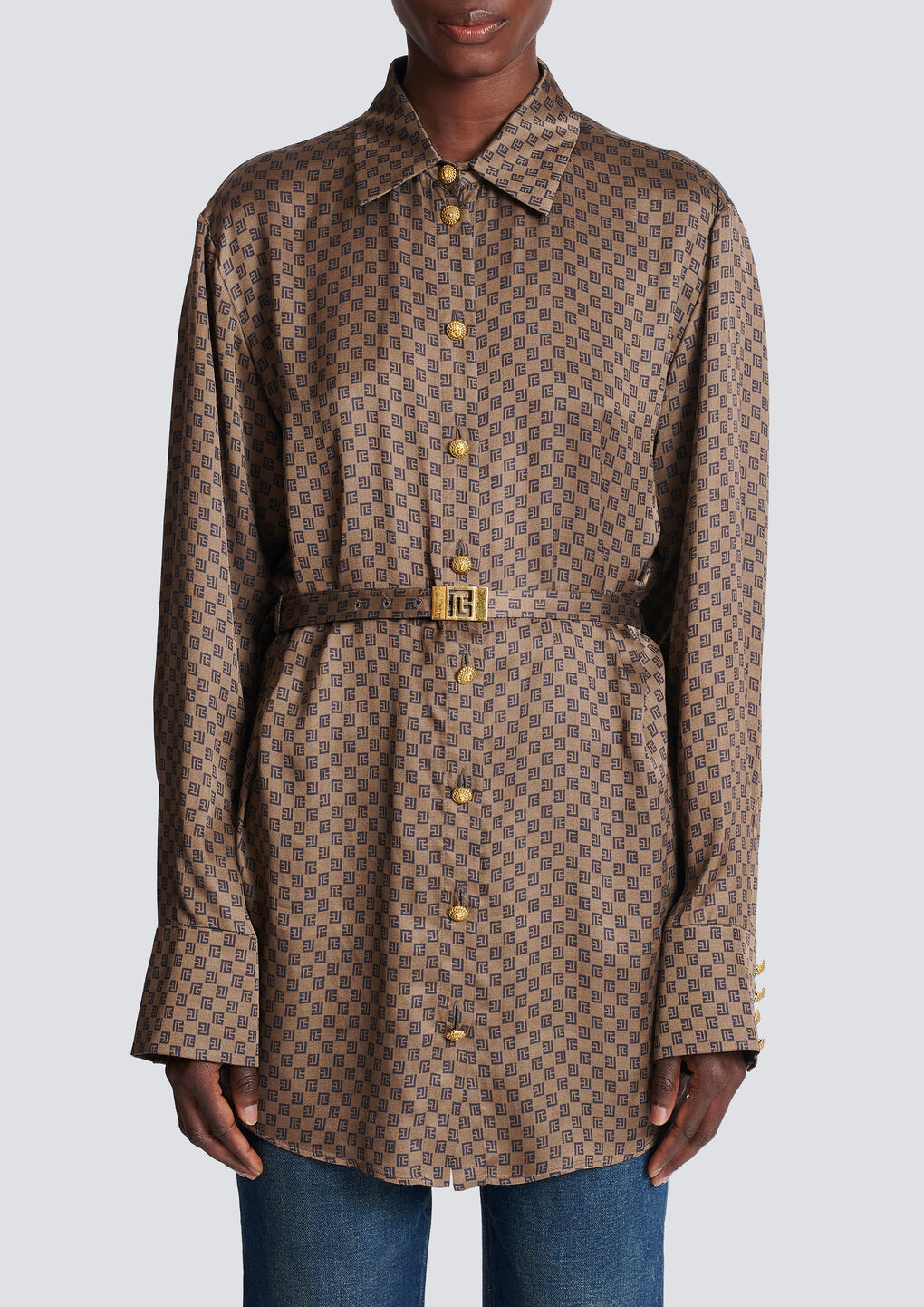 Balmain Silk Shirt With A Mini Monogram Print In Brown