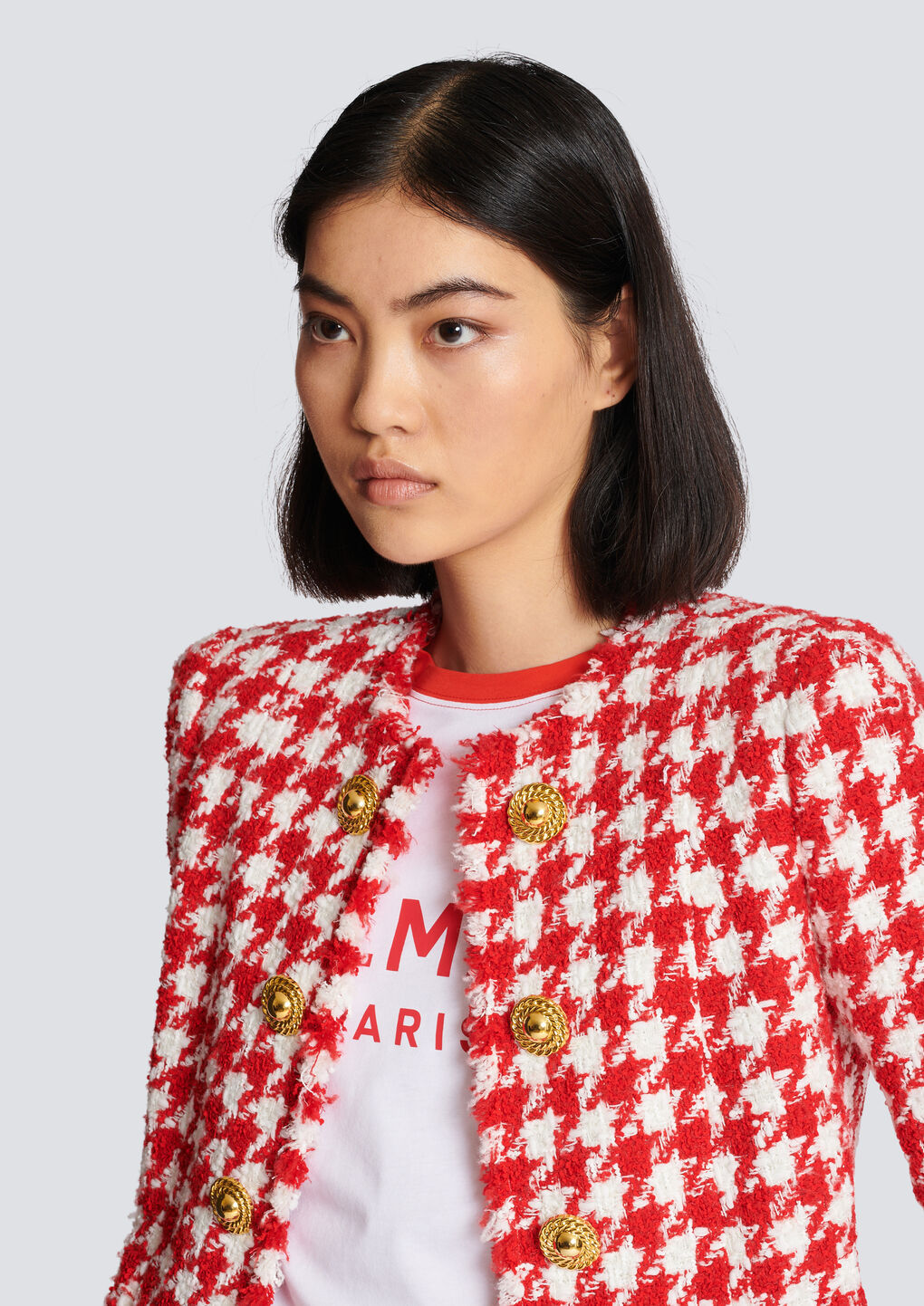 Shop Balmain Houndstooth Tweed Jacket In Red