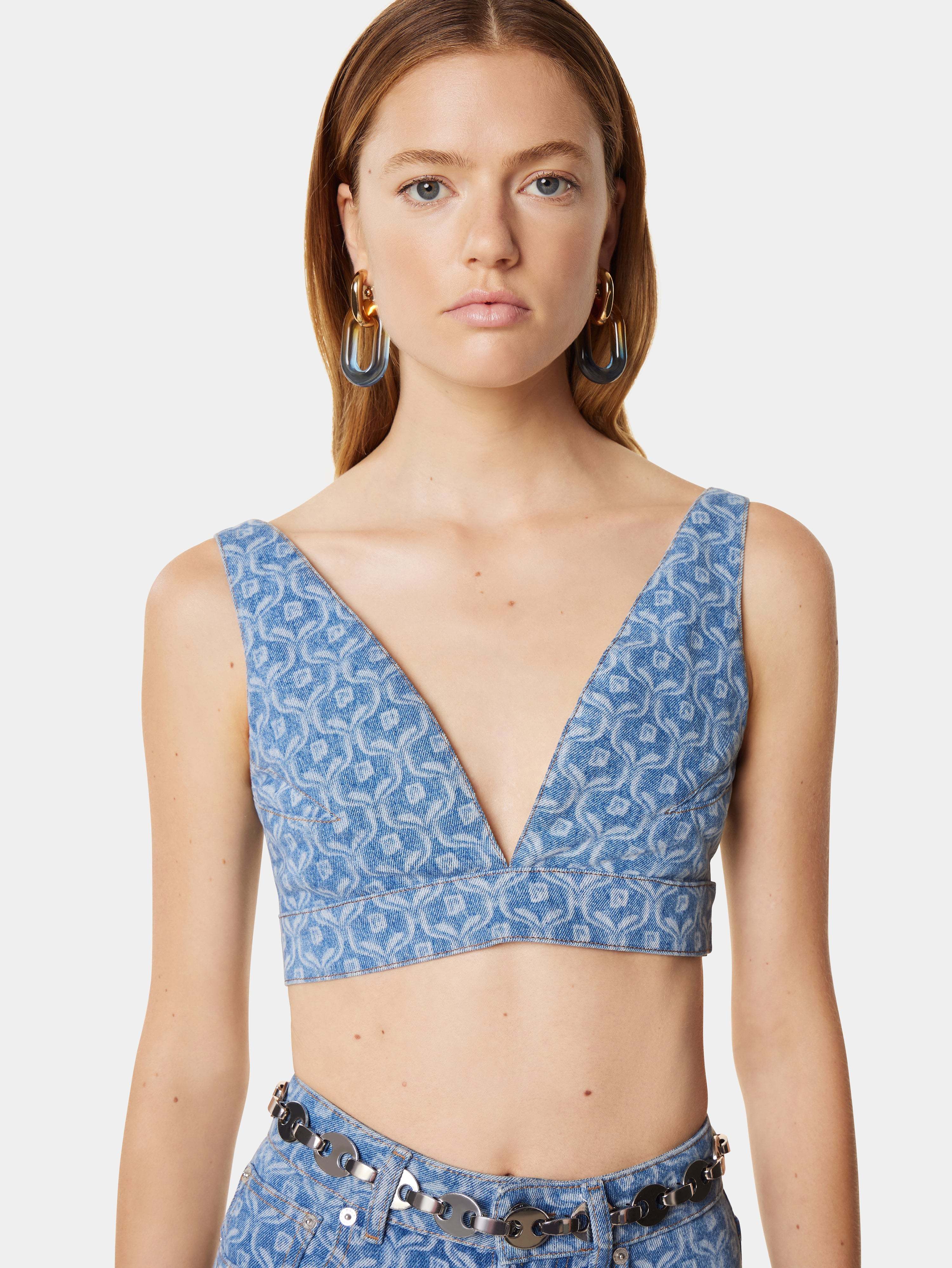 Rabanne Chain-print Cropped Denim Top In Blue
