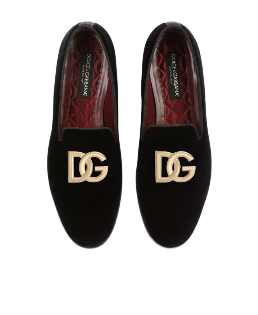 Dolce & Gabbana Black Velvet Cotton Logo Loafers Dress Shoes In Black