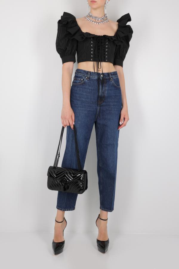 Alessandra Rich Lace-up Ruffle-trimmed Cropped Top In Black