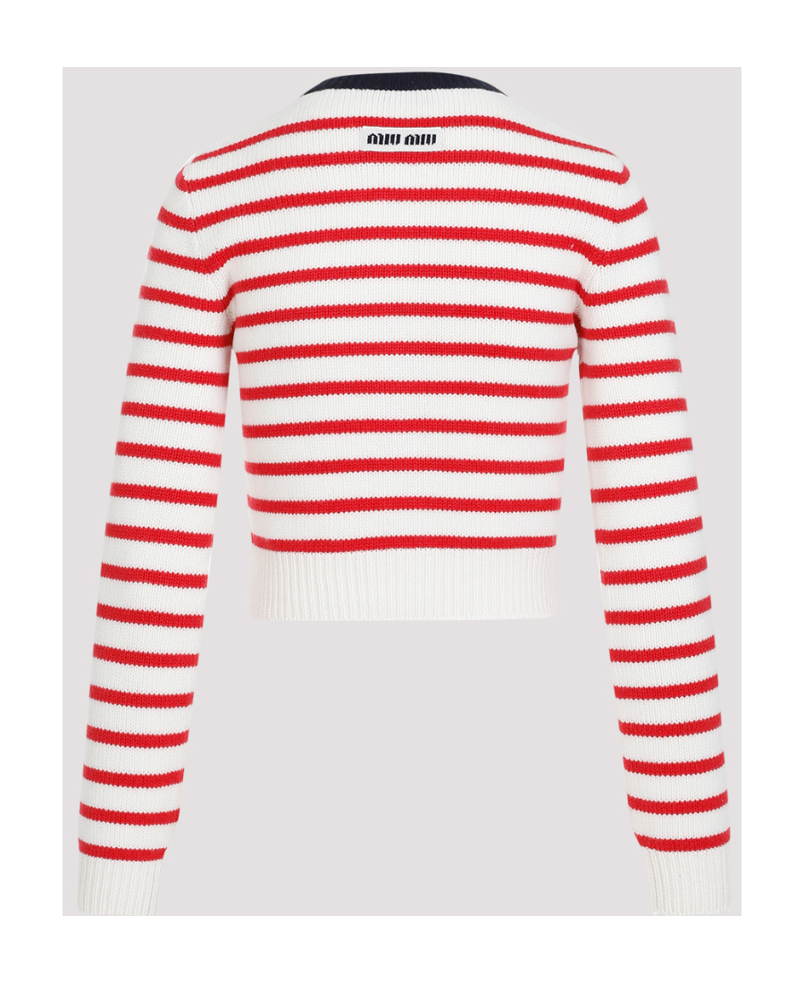 Miu Miu Striped Cashmere Cardigan In White
