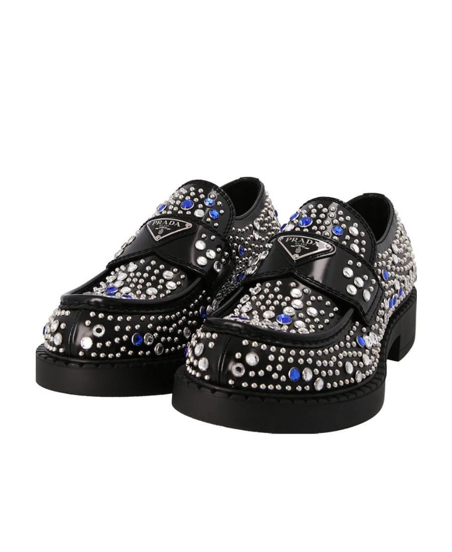 PRADA BRUSHED-LEATHER LOAFERS WITH STUDS AND RHINESTONES