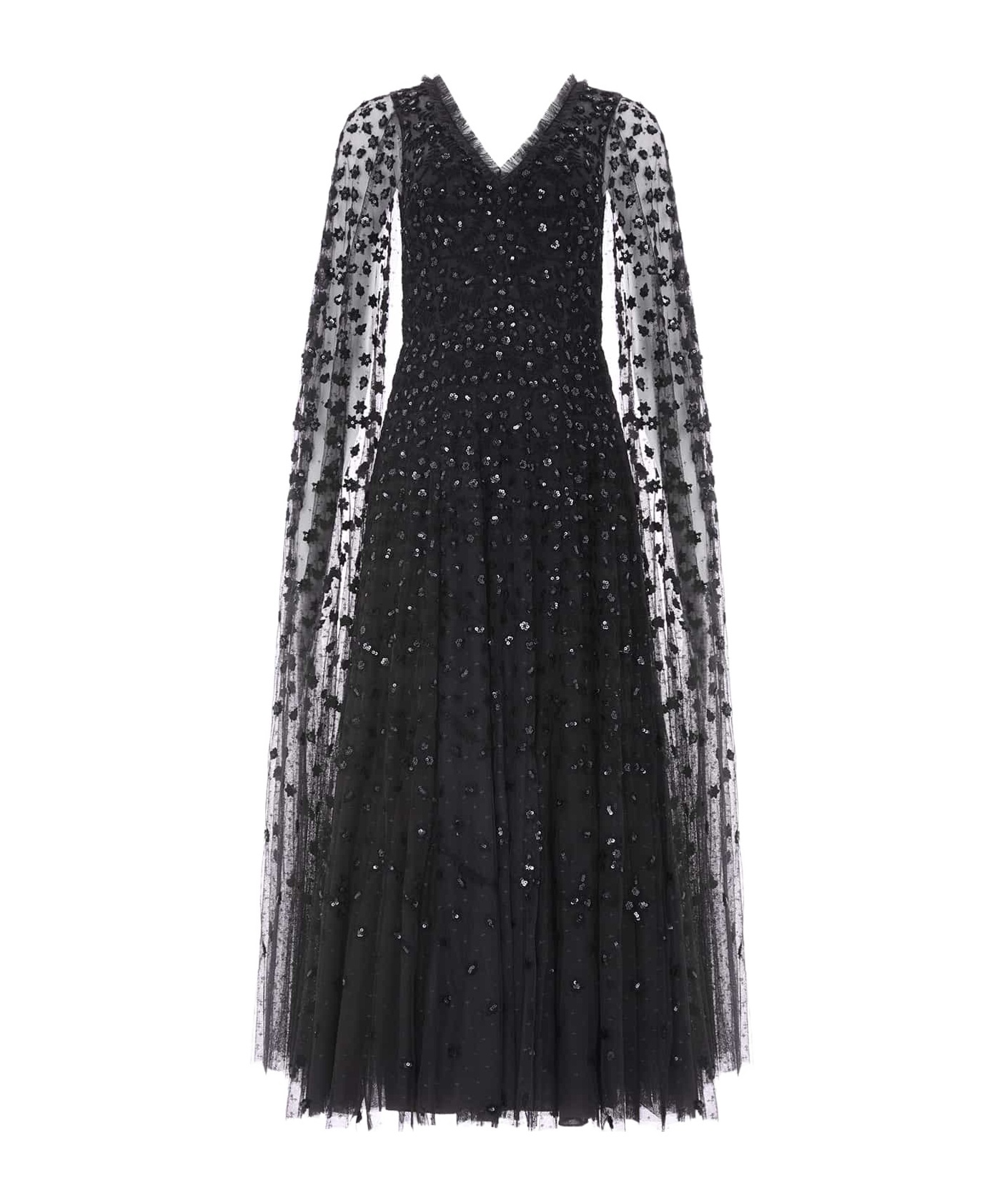 Needle & Thread Clover Cape Sleeve Ankle Gown In Black