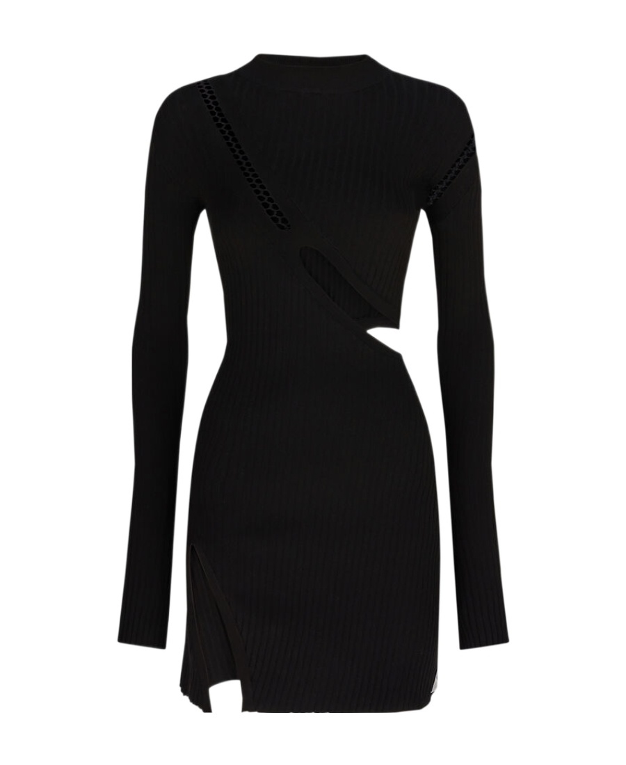 Attico Black Stretch Viscose Mini Dress With Oblique Cuts And Embroidered Label In Black