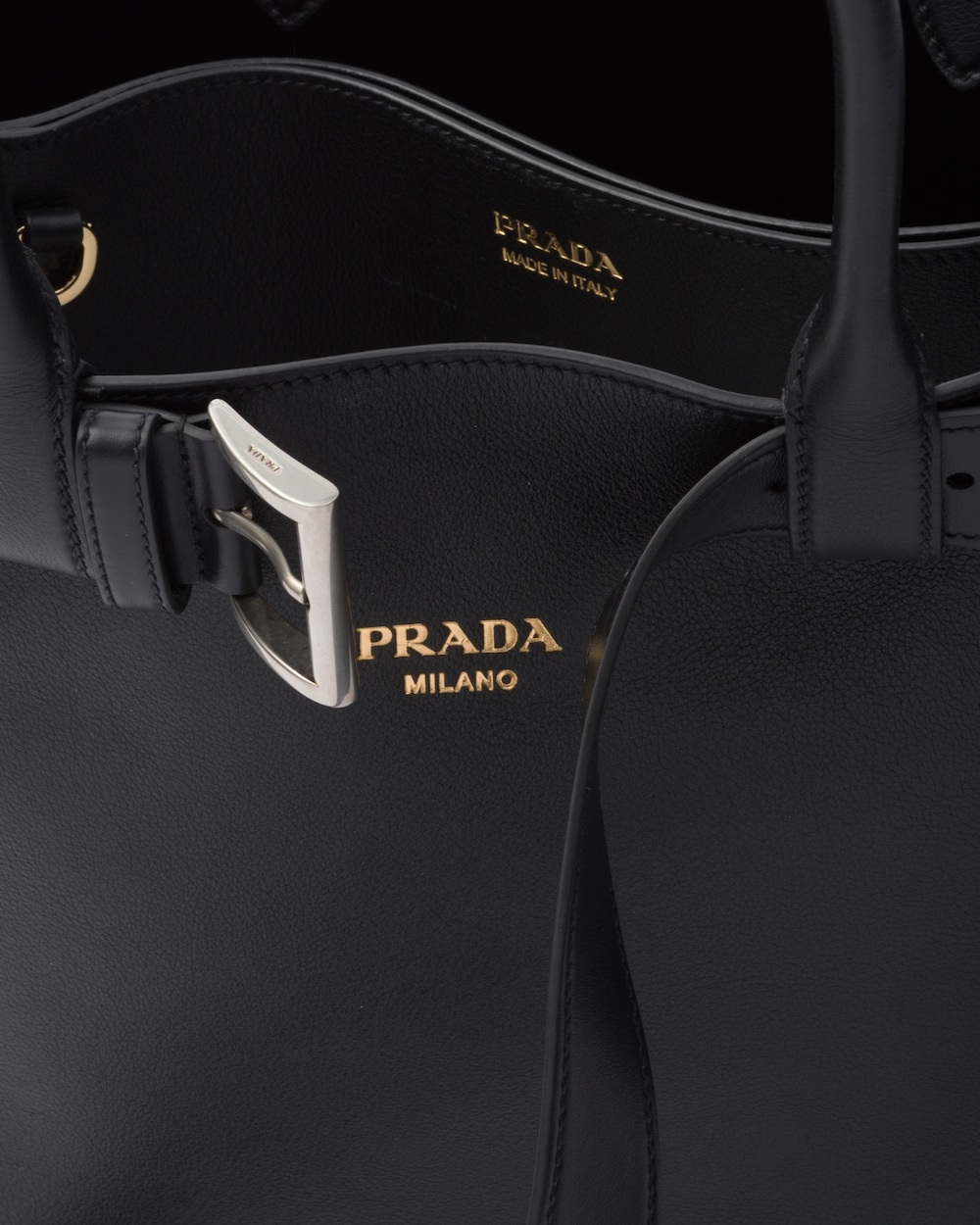 Prada Buckle Large Leather Handbag With Belt In Black