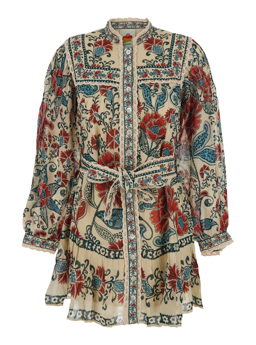 Farm Rio Francesca Sand Long Sleeve Mini Dress In Multi