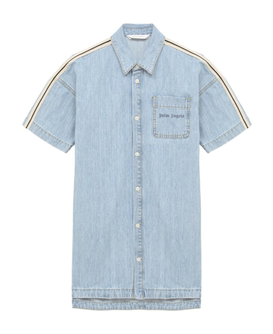Palm Angels Side-stripe Denim Shirtdress In Blue