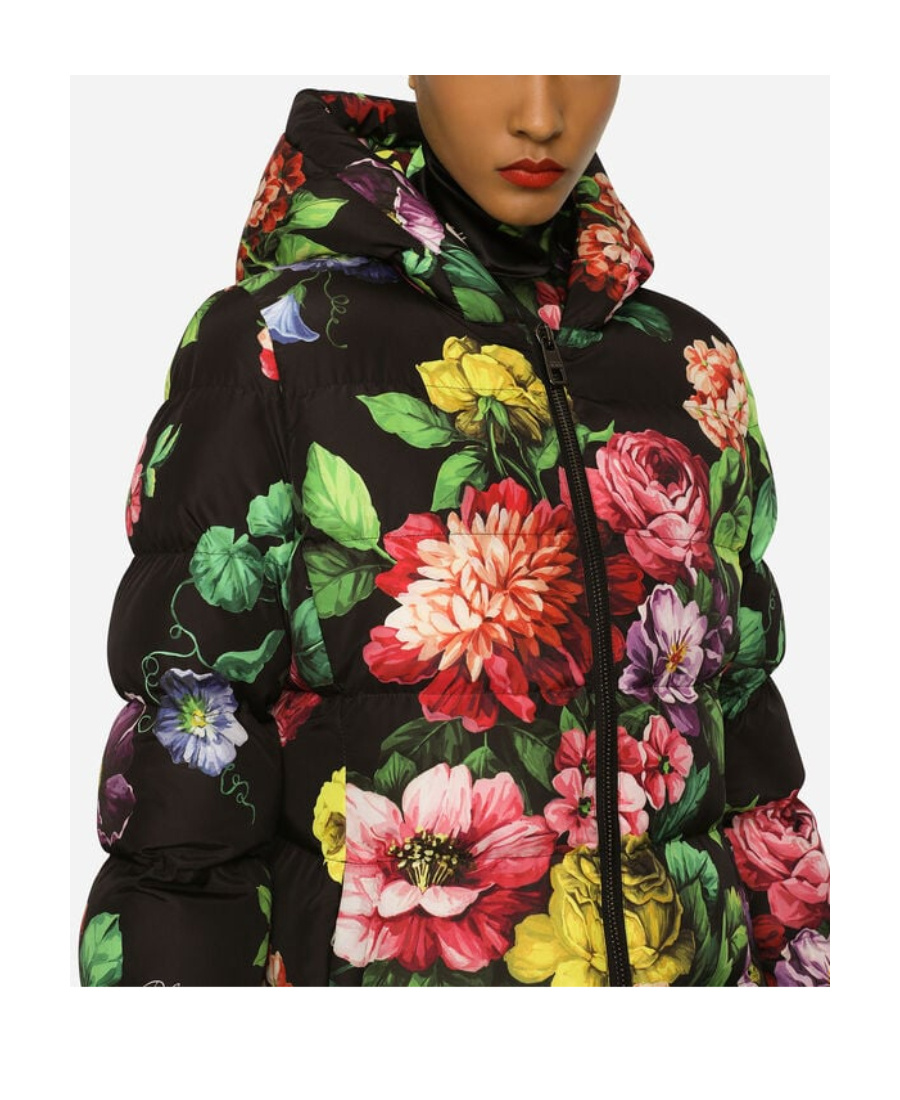 Dolce & Gabbana Floral-print Zip-up Padded Coat In Black