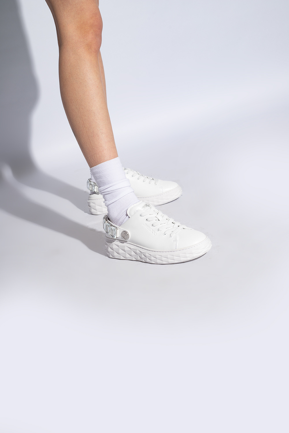 Jimmy Choo Diamond Maxi Crystal Leather Sneakers In White