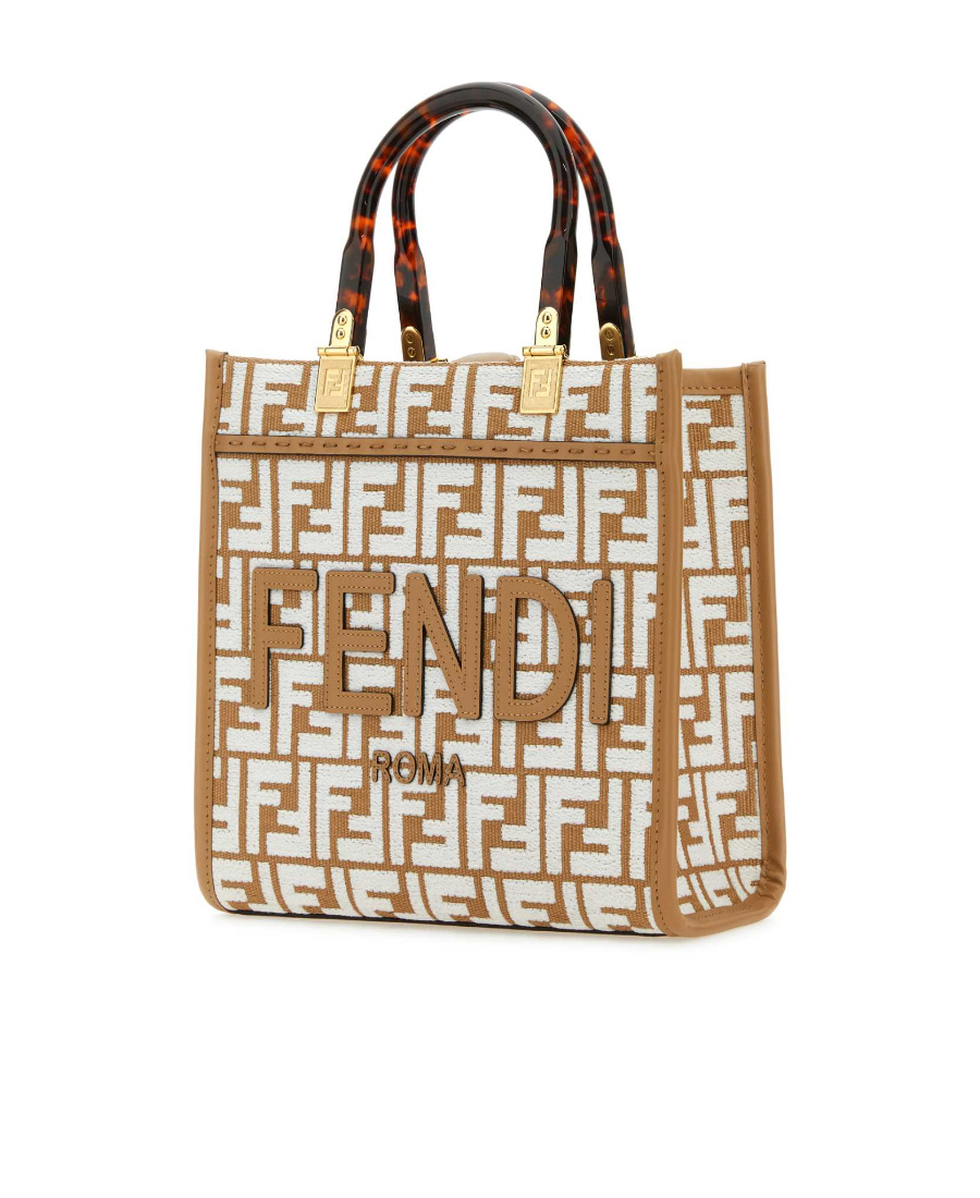 Fendi Raffia Shopper Bag With White Tapestry Fabric Ff Motif In Brown