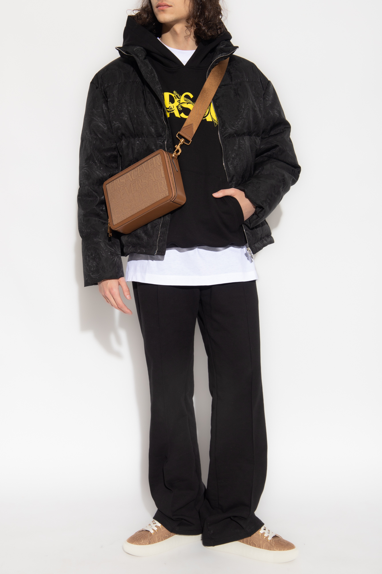 Versace Full Zip Down Jacket With All-over Pattern In Black