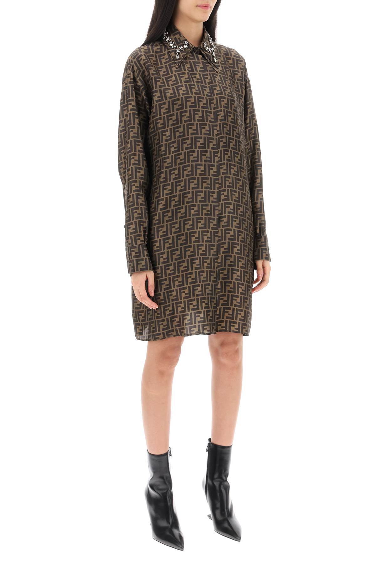 Fendi Silk Shirt With Curved Hem And Fabric-covered Buttons In Brown