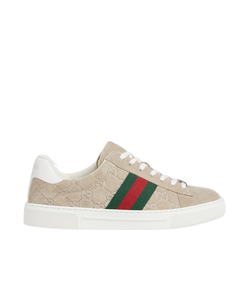 Gucci Beige Low Top Sneakers With Web Detail On The Side And Ace Plaque On The Front In Gg Canvas Wo In Nude