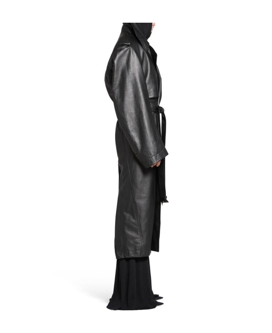 Balenciaga Notched-lapels Leather Trench Coat In Black