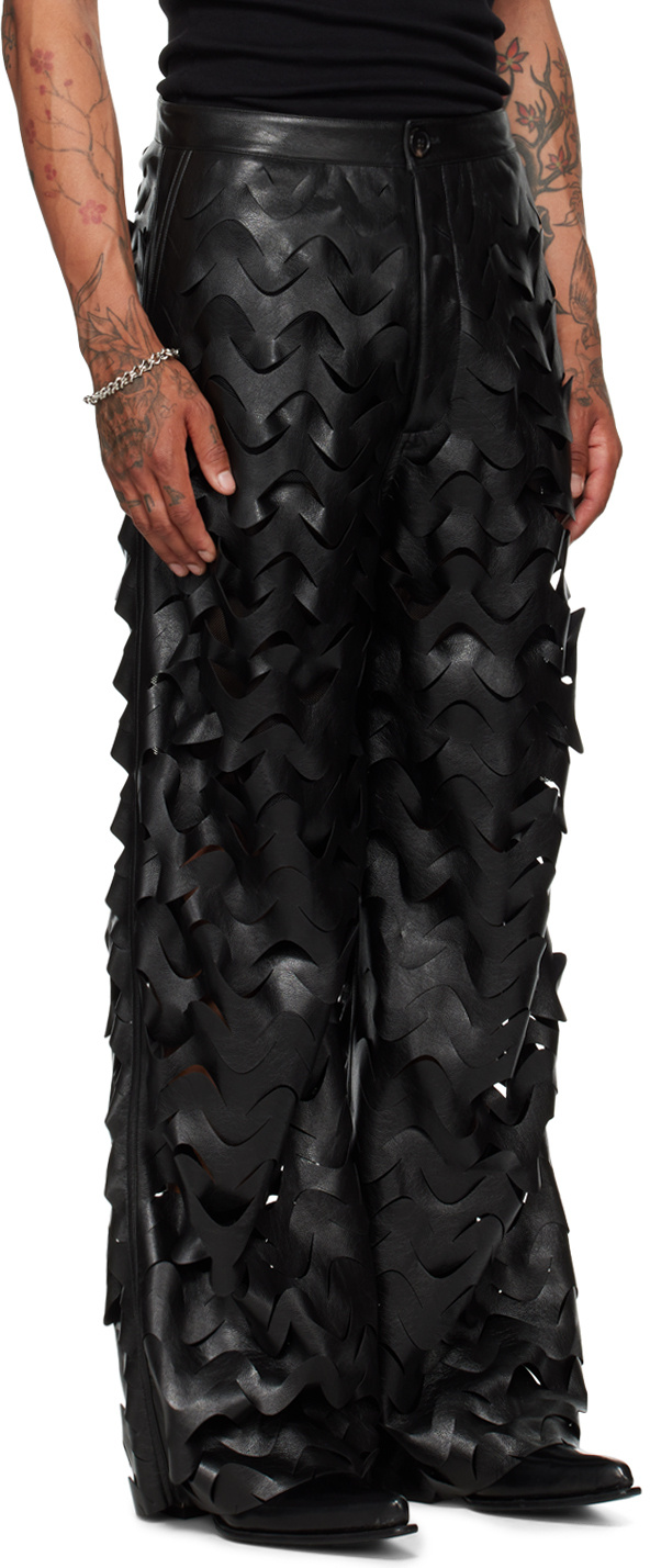 Lu'u Dan Black Laser Cut Wide-leg Faux-leather Pants In Black