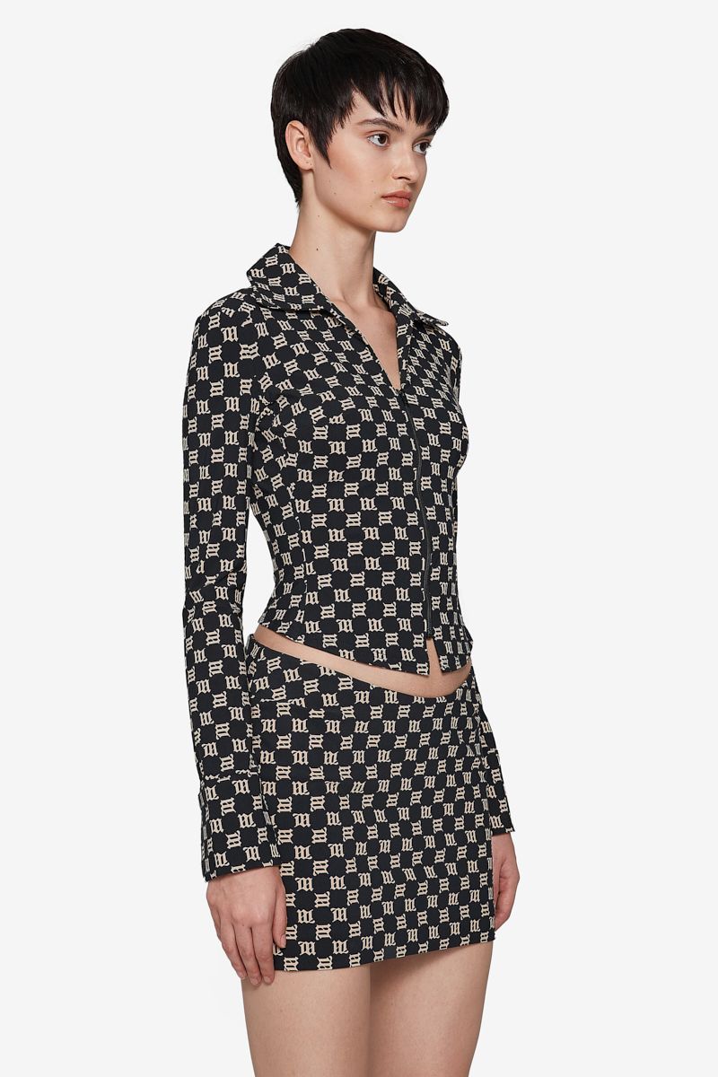 Misbhv Monogram Wide Collar Zip Up Shirt In Black