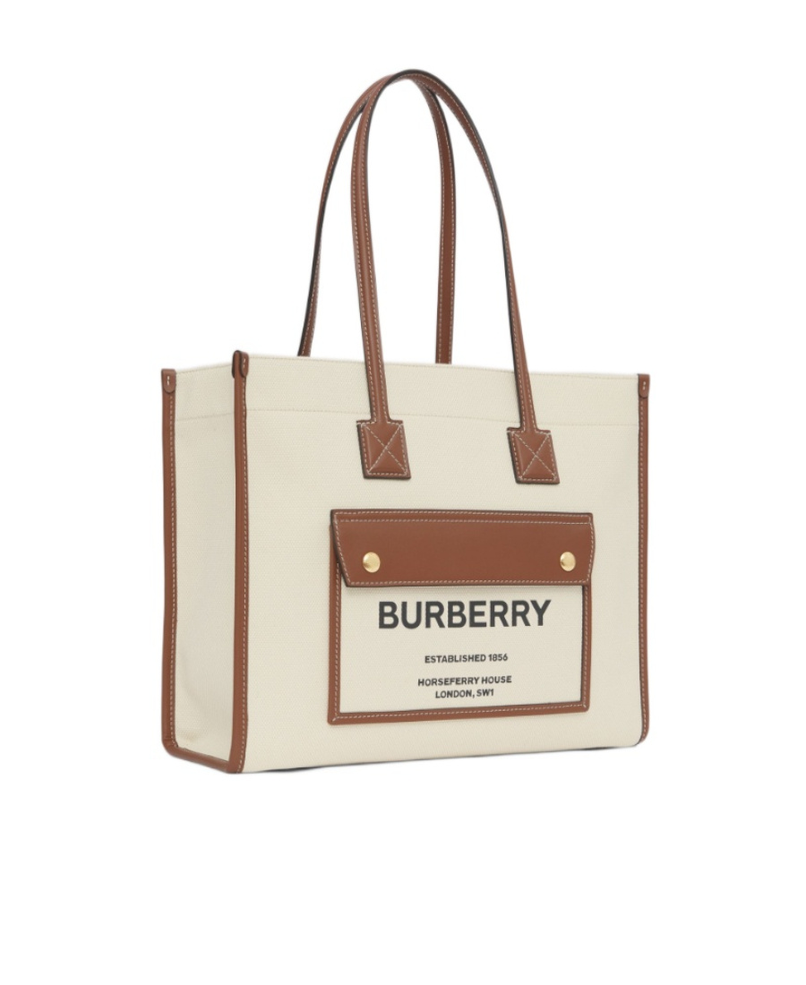 Burberry Frey Rectangular Cotton Shoulder Bag With Leather Trim In White