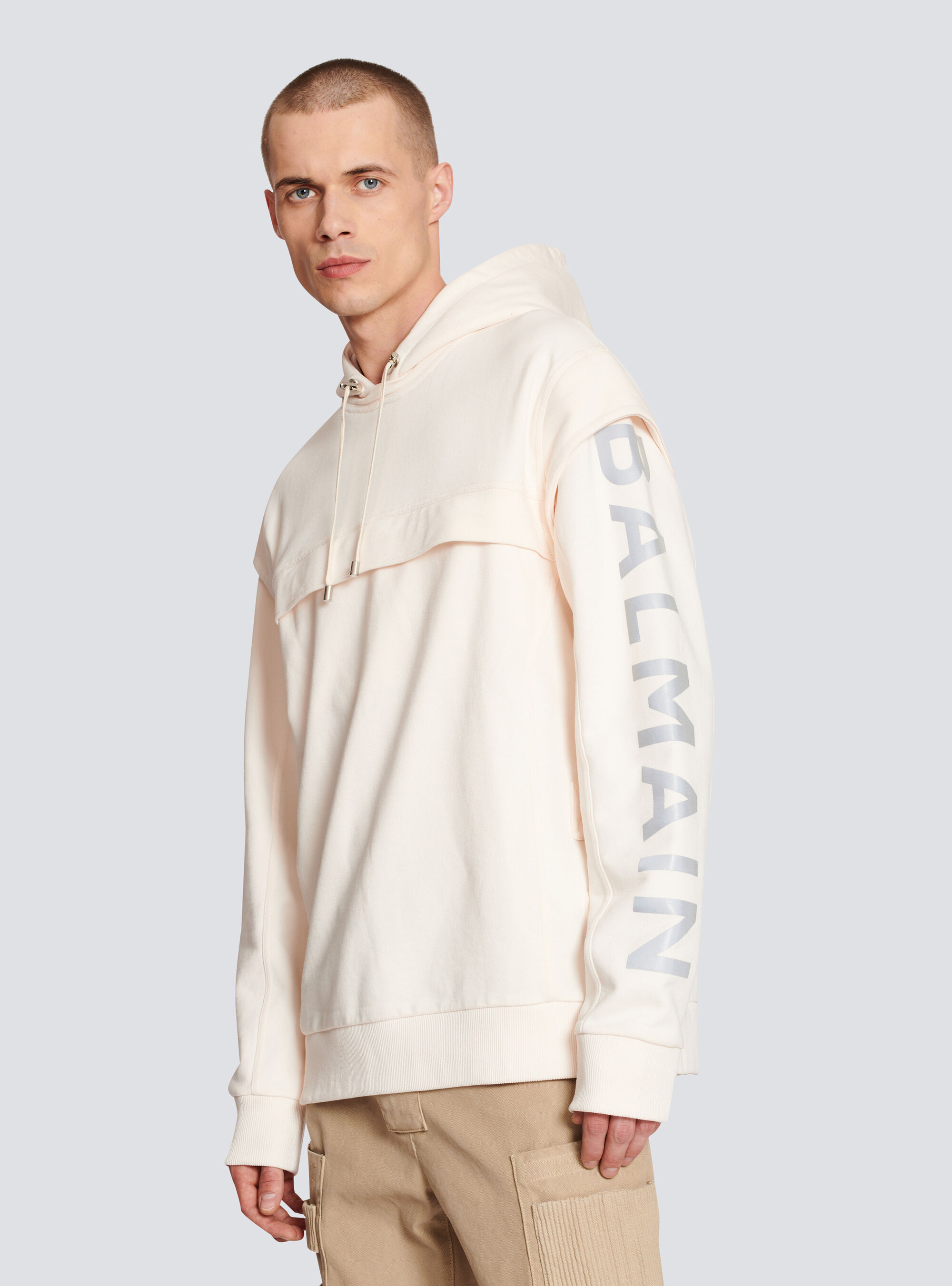 Shop Balmain Cotton Printed Logo Hoodie In White