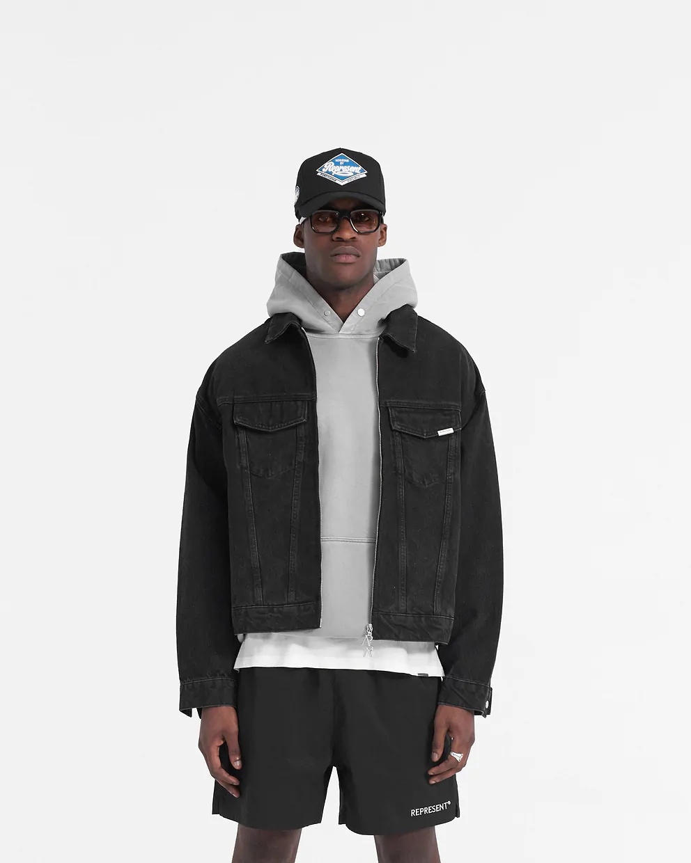 Represent Black Jacket With Classic Collar And Logo Patch On The Pocket In Denim Man In Black
