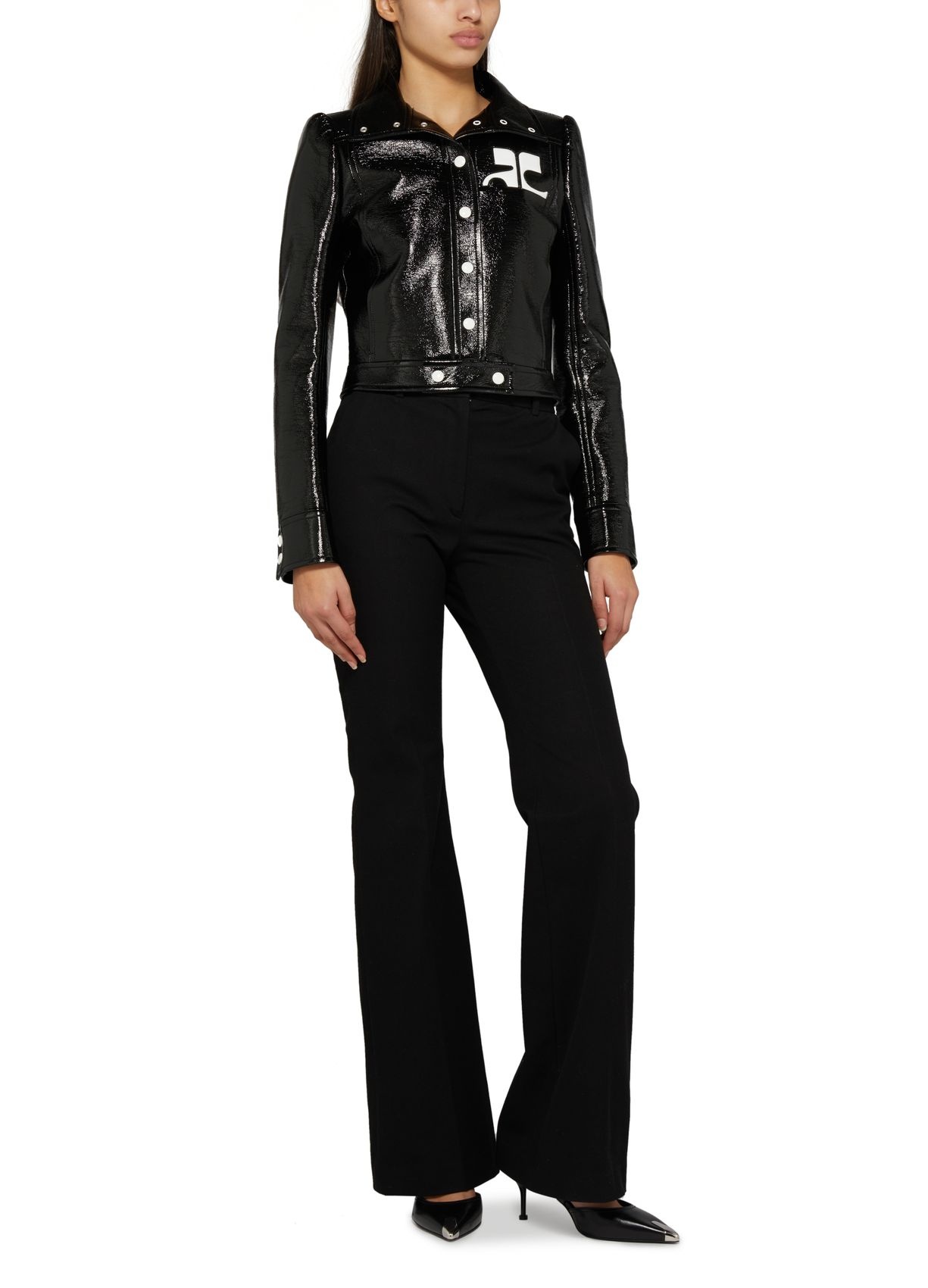 Shop Courrèges Long-sleeved Logo Leather Jacket In Black