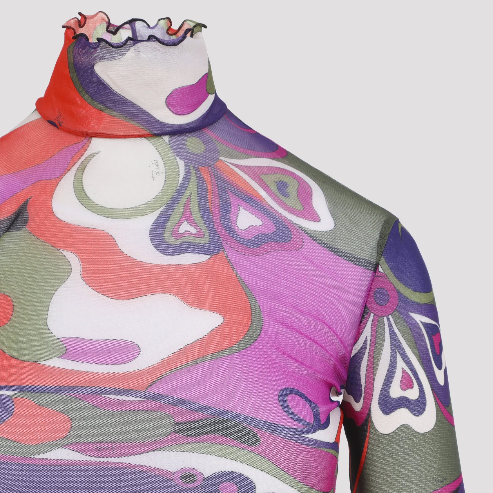 Pucci Long Sleeve Sheer Turtleneck Ruffled In Multi