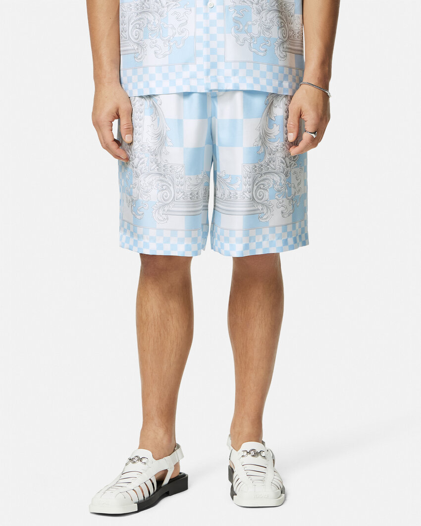 Versace Blue Barocco Checkerboard-print Shorts In White