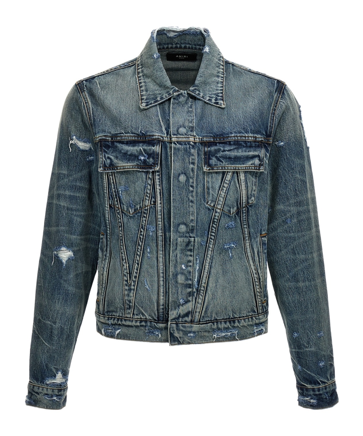 Amiri Ma Distressed Denim Trucker Jacket In Green